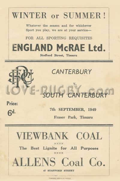 1949 South Canterbury v Canterbury  Rugby Programme